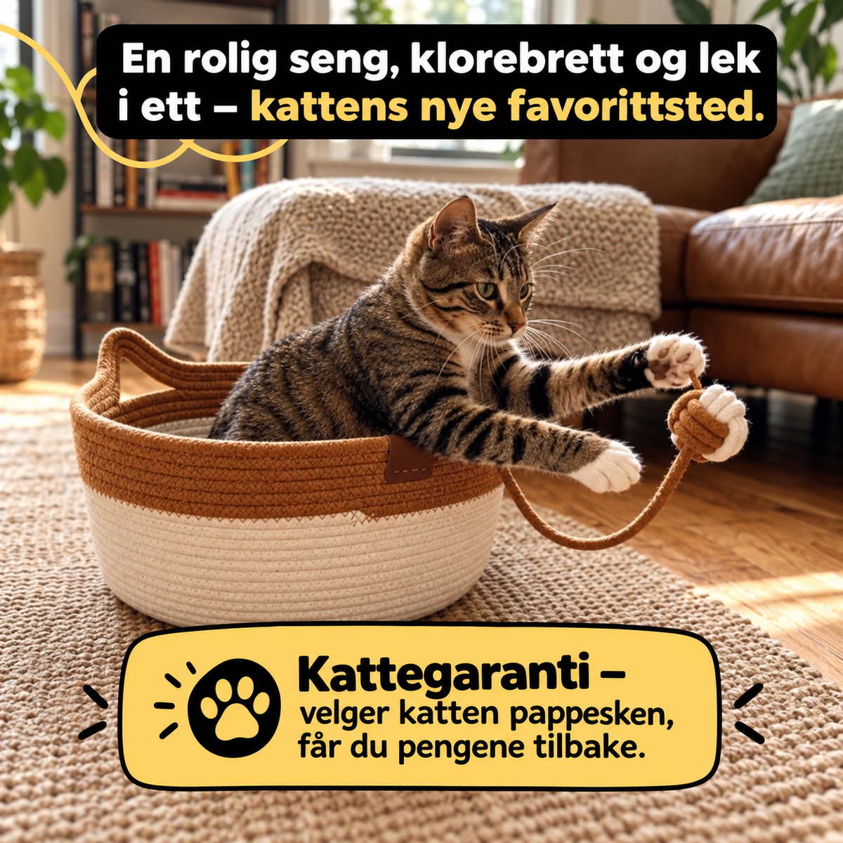 Kloreredet – Flettet katteseng med innebygd klorebrett